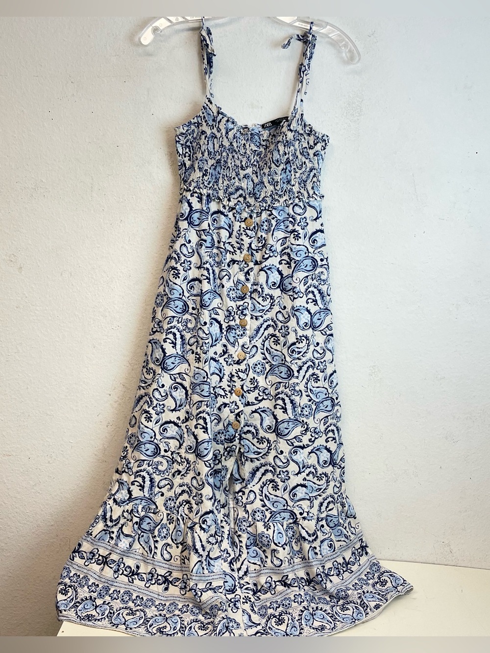 Zara Blue and White Smocked Bodice Linen Blend Maxi Dress Size S